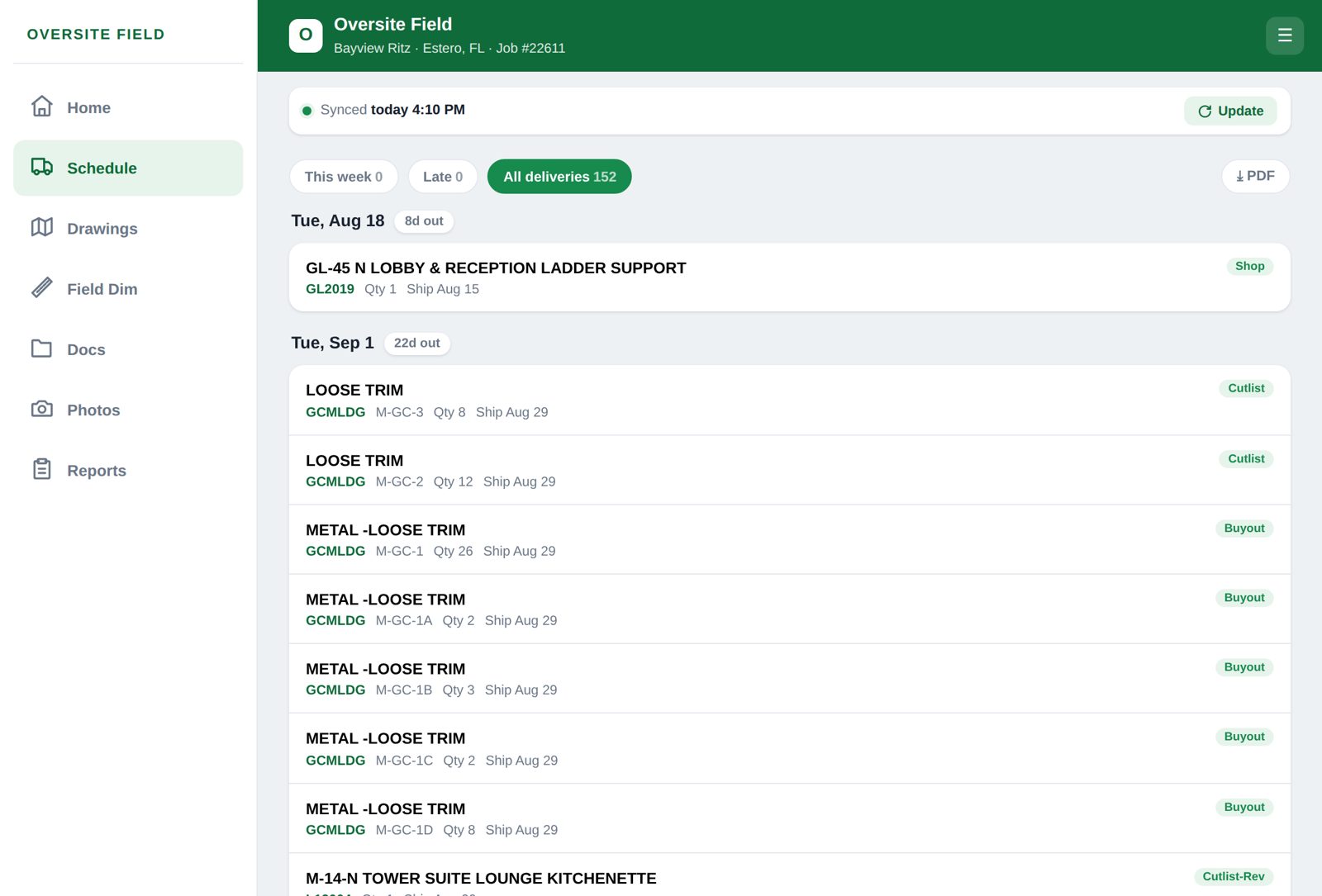 Live delivery schedule